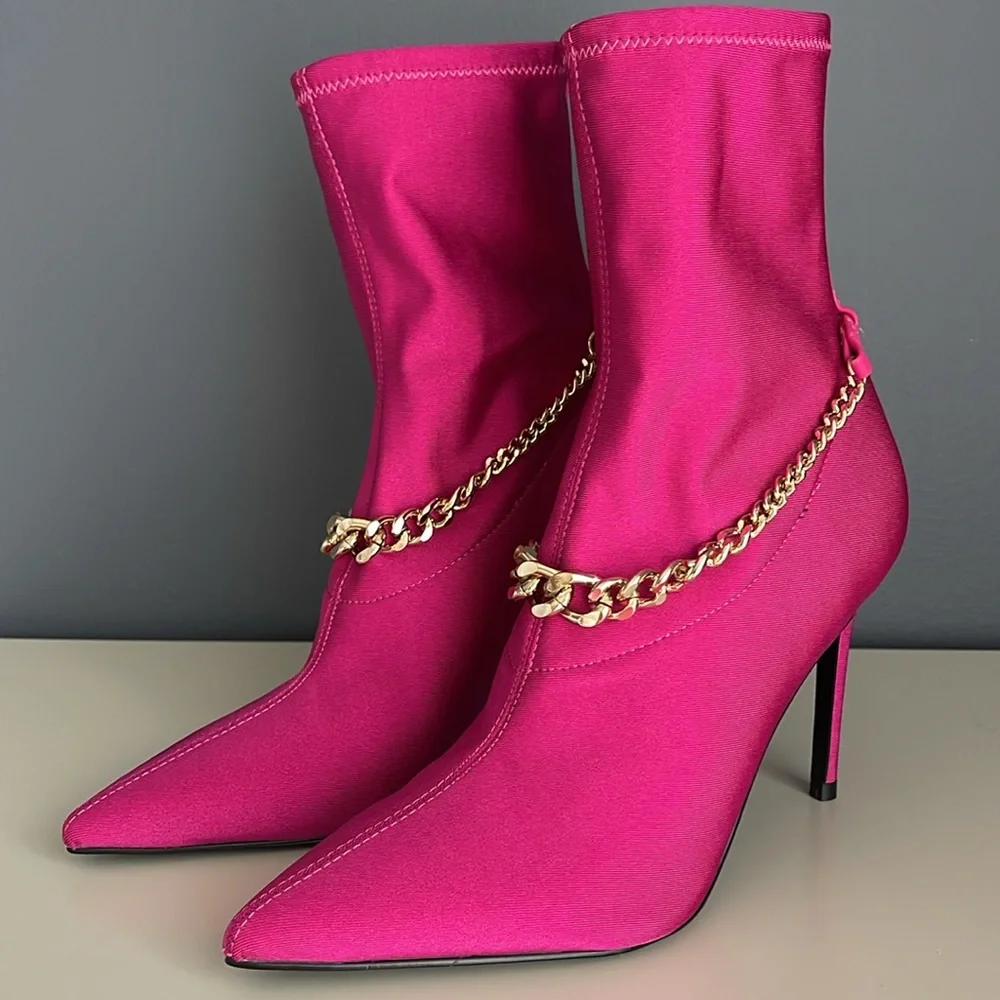 GUESS Womens Pink Chain Forsta Pointed Toe Stiletto Dress Boots size 7M - Picture 2 of 8